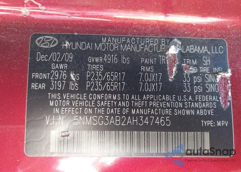 2010 Hyundai Santa Fe Gls z USA, uszkodzony, nr VIN 5NMSG3AB2AH347465